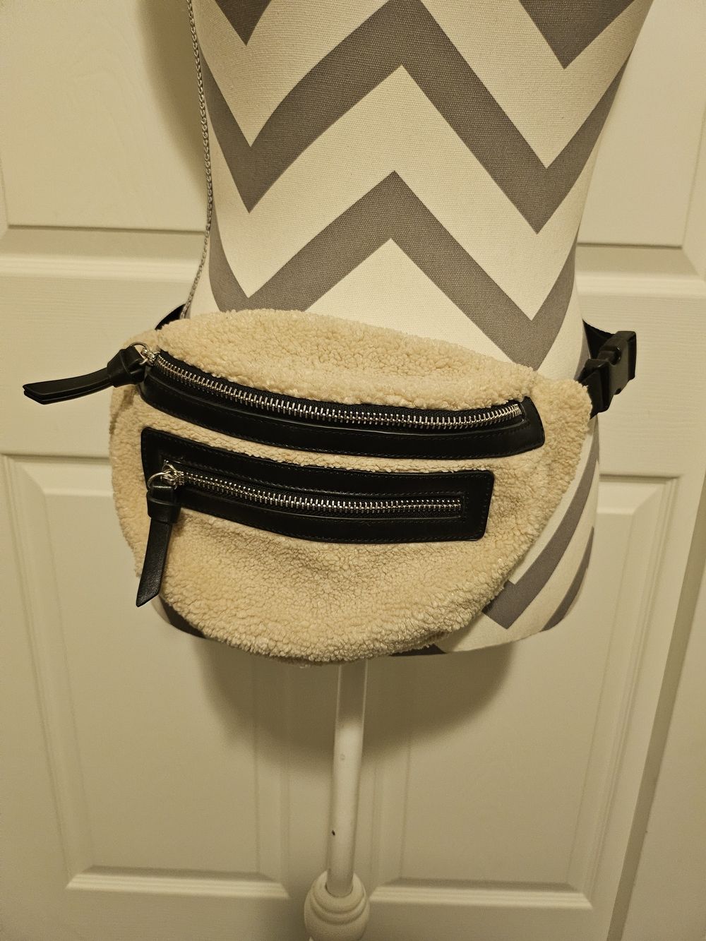 Forever 21 Cream Sherpa Crossbody Bag with Black Trim